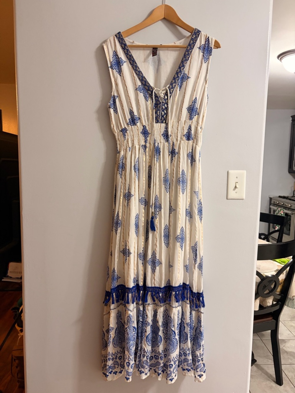 Cream Maxi Dress with Blue Print and Tassel Tie